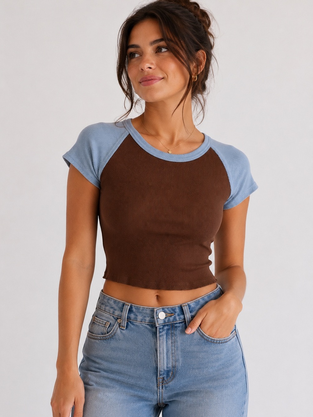 Tna Brown Blue Colorblock Ribbed Baby Tee Crop Top Y2K 90s Minimalist S